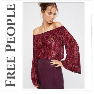Free People Ginger Berry Off Shoulder Velvet Burn Out Bell Sleeve top size XS